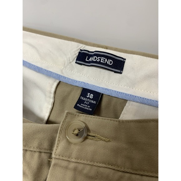 Land End Men Khaki Pants 38x33 Beige Pleated Traditional Fit‎ Straight Cuffs - Picture 3 of 14